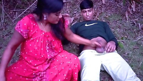 Indian guy is having a great time with a stranger in the jungle