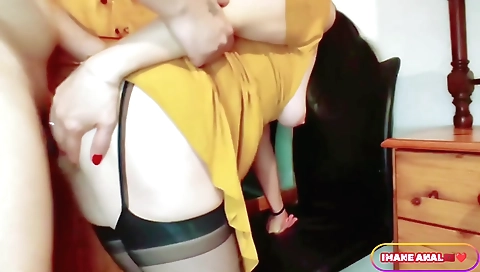 Sexy brunette teen with a cute body rides with a black dildo