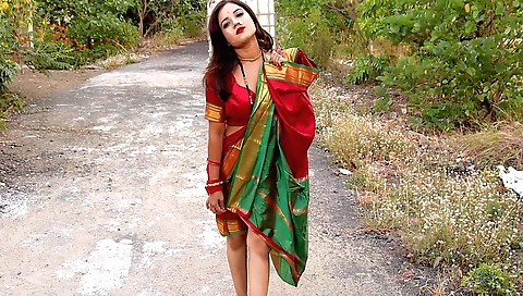 Hot brunette beauty stripping and fucking outdoors