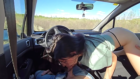 Slutty brunette saleswoman gives customer a blowjob