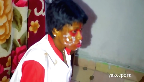 Brunette nurse 12th year-old and her guy on bed together