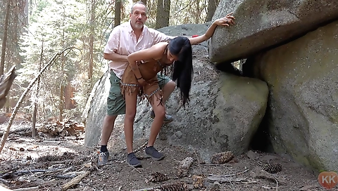 Indian teen 18+ is riding a big dick outside in the woods