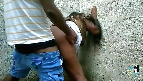 Hot brunette in a sexy outdoor outfit riding his cock