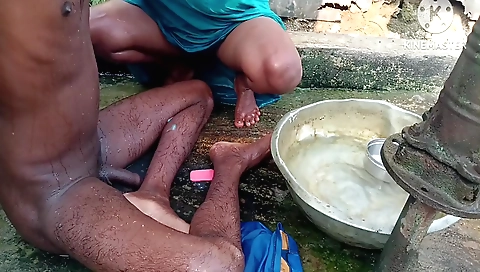 Indian naked girl in outdoors location with a naked face