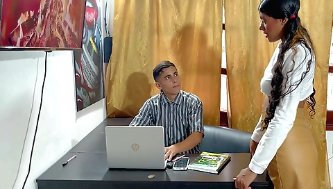 Cute brunette secretary gives a blowjob and fucks my ass