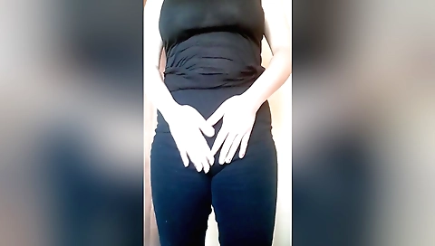 Hairy brunette plays with her hairy pussy after work