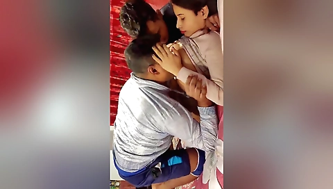 Indian brunette threesome in the bedroom on webcam