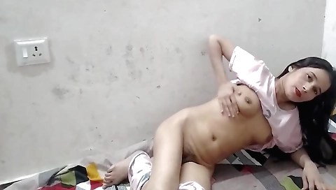 Indian brunette in stockings and shorts solo in bed