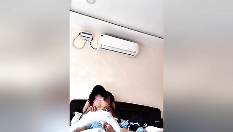 Amateur brunette girl got tired of working and asked