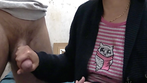 Sexy stepmom gives her stepson a handjob and gets his dick wet